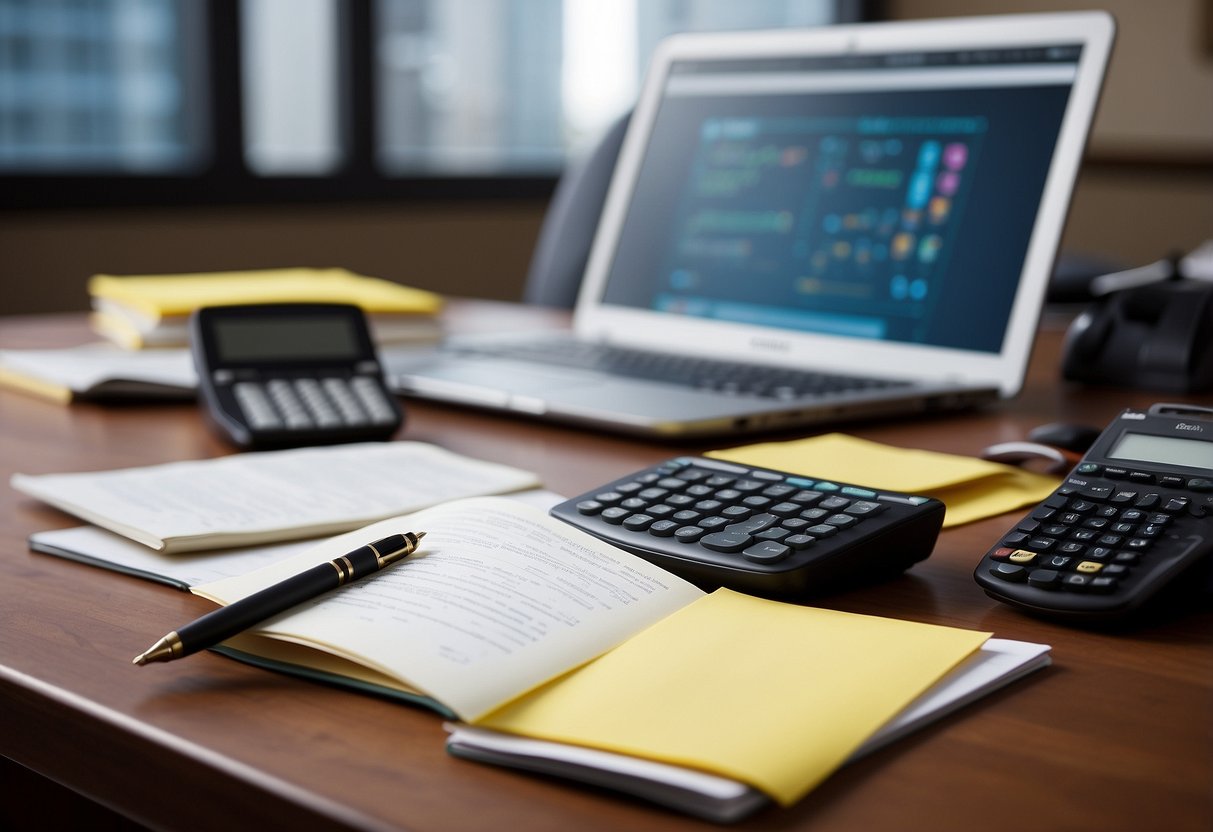 A desk with a computer, open books, and a notepad. A pen and calculator sit nearby. Post-it notes with financial terms are scattered around