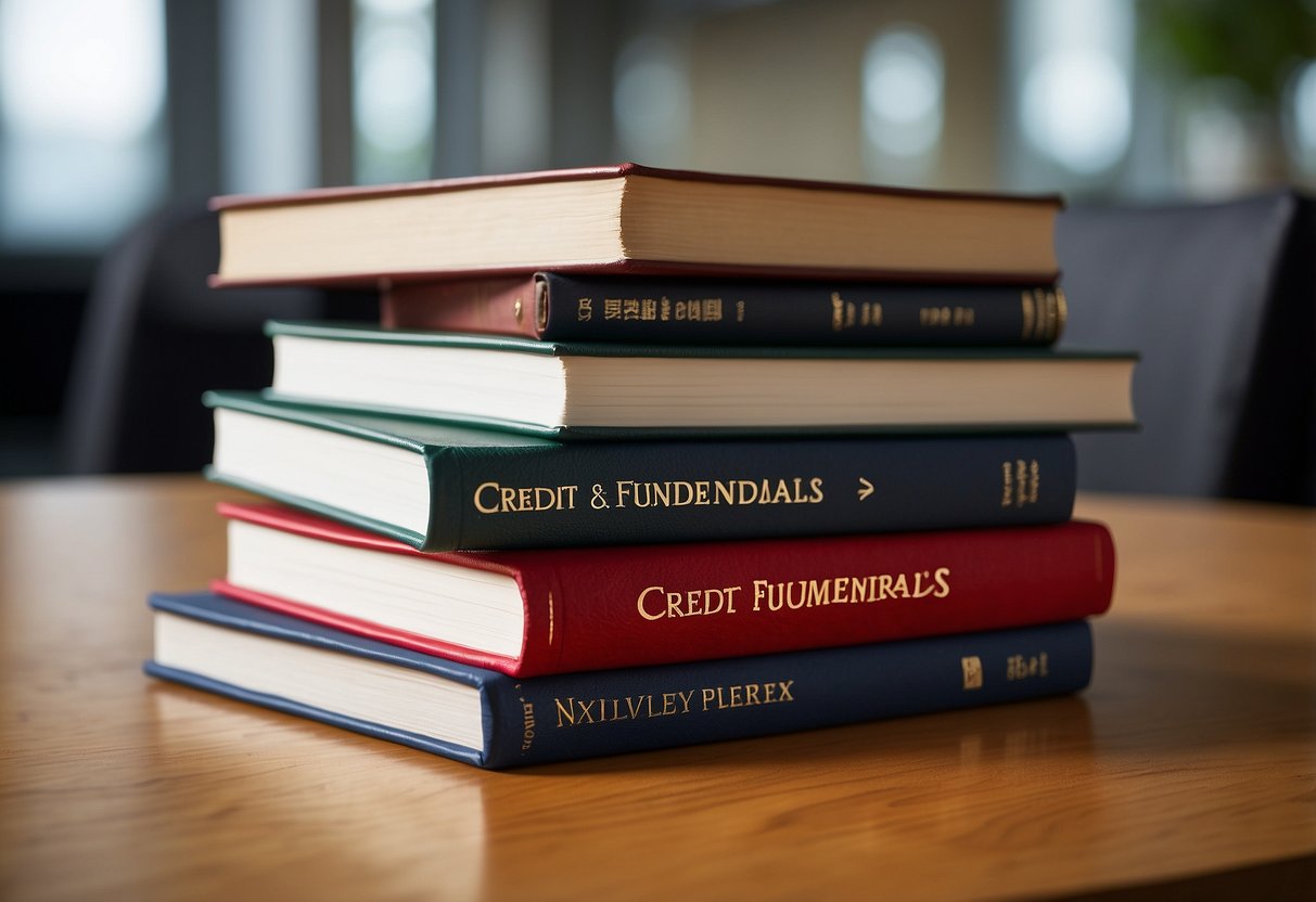 A stack of books labeled "Credit Fundamentals" with a glossary open to "Basic Financial Terms." A pen and notebook sit nearby