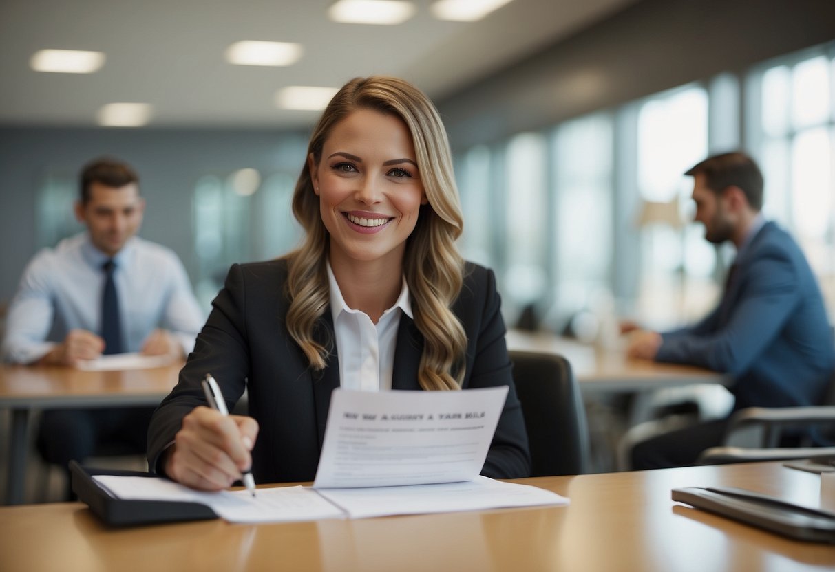 A smiling bank teller hands a customer a pen and a form to fill out. A sign above them reads "New Accounts." Tables and chairs are neatly arranged in the background