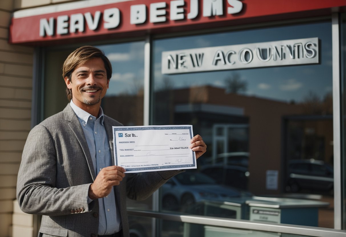 A person holding a check and a pen, standing in front of a bank teller window, with a sign that reads "New Accounts" above the window