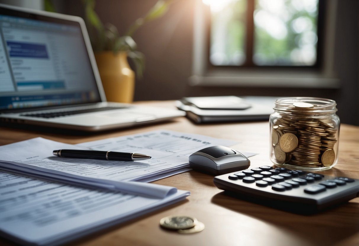 A desk with a laptop, calculator, and budgeting spreadsheets. A jar of coins and a piggy bank sit nearby. A calendar marks important dates