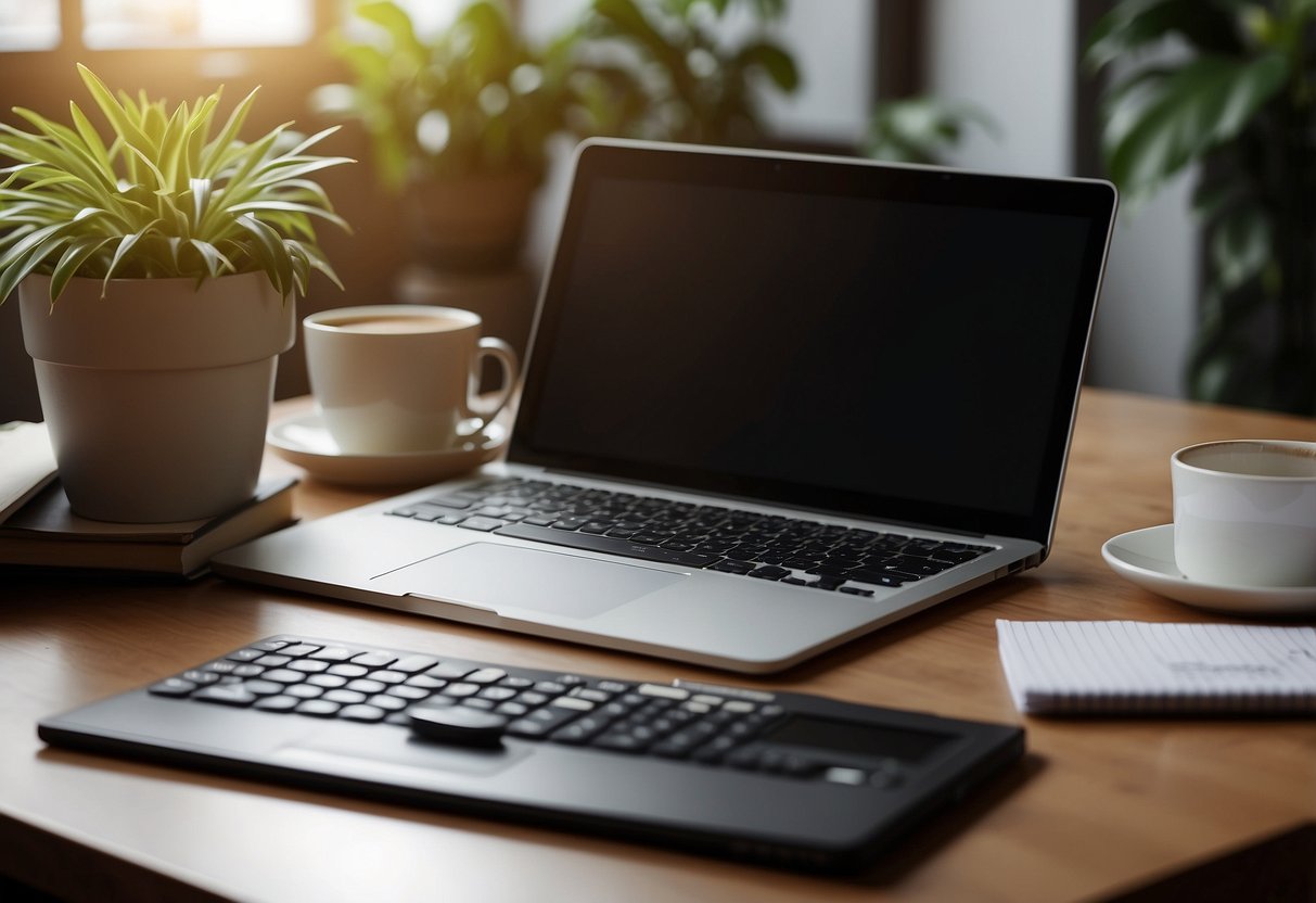 A desk with a laptop, calculator, and notepad. A budget plan and financial tips book open. A cup of coffee and a plant on the desk