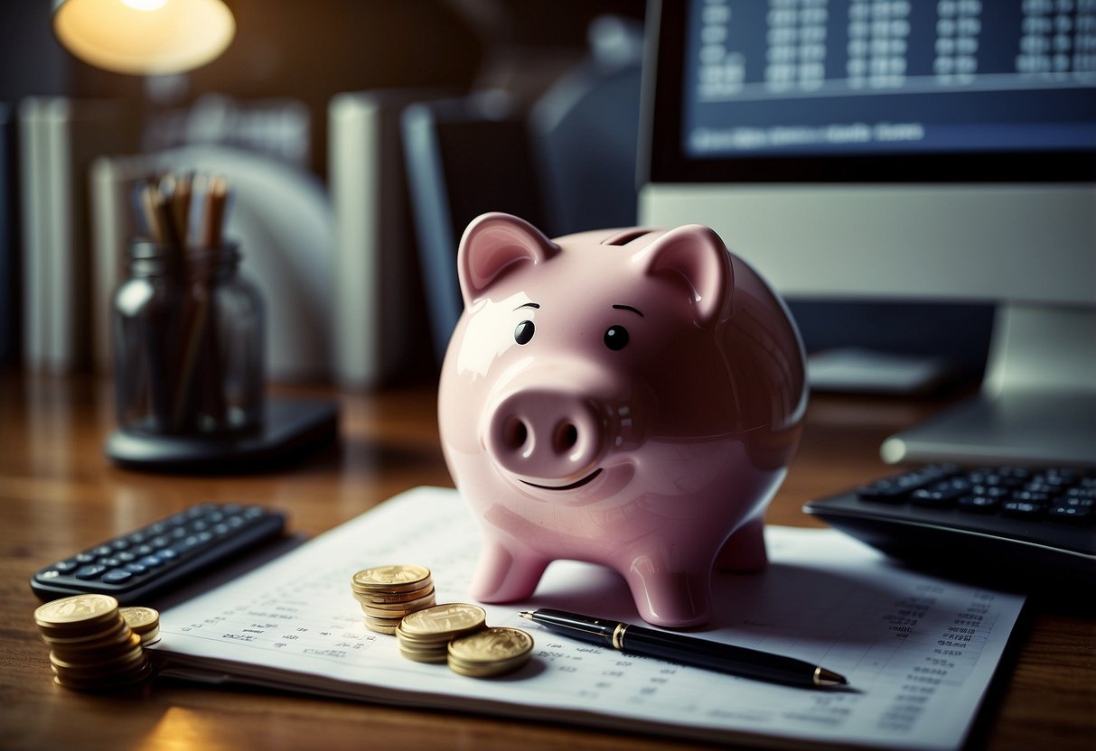 A piggy bank sits on a desk surrounded by coins and dollar bills. A budgeting spreadsheet is open on a computer screen, with categories for expenses and savings. A calculator and pen are nearby