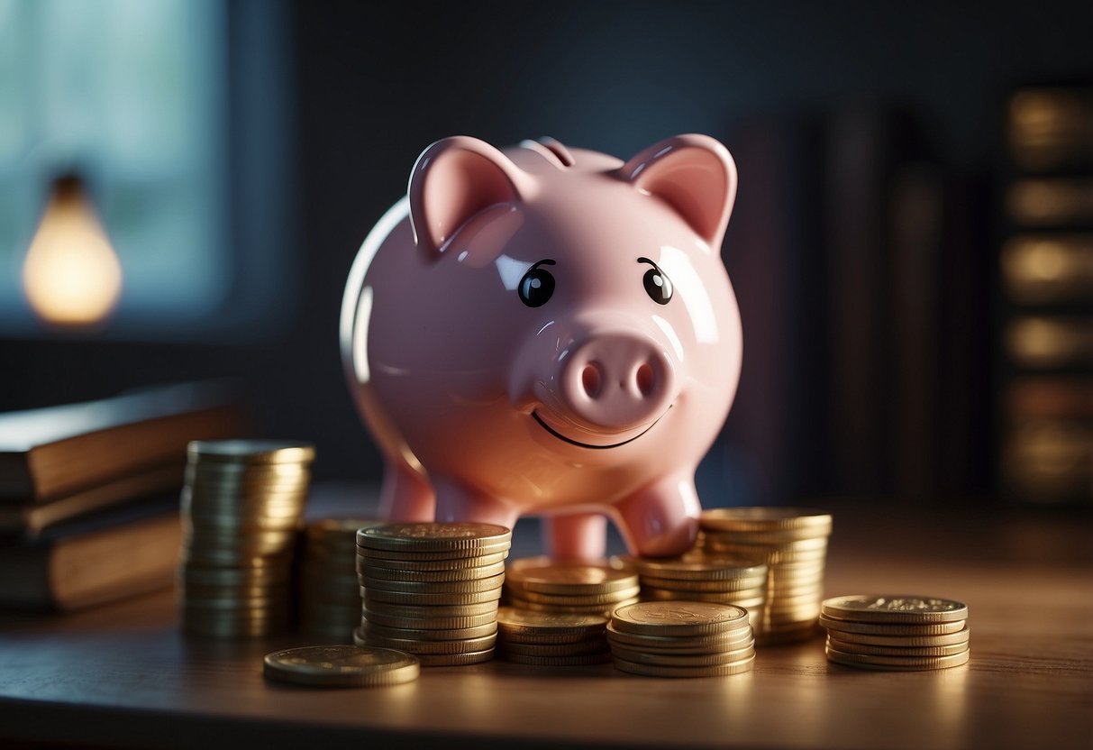 A piggy bank sits on a shelf, surrounded by coins and bills. A hand reaches out to drop a coin into the bank, symbolizing the start of building savings