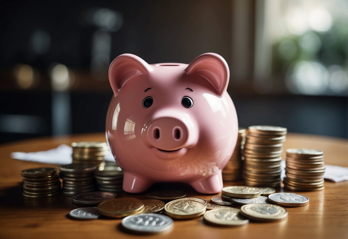 A piggy bank sits on a table, surrounded by coins and dollar bills. A graph shows savings increasing over time. Text reads "Strategies for Effective Saving"