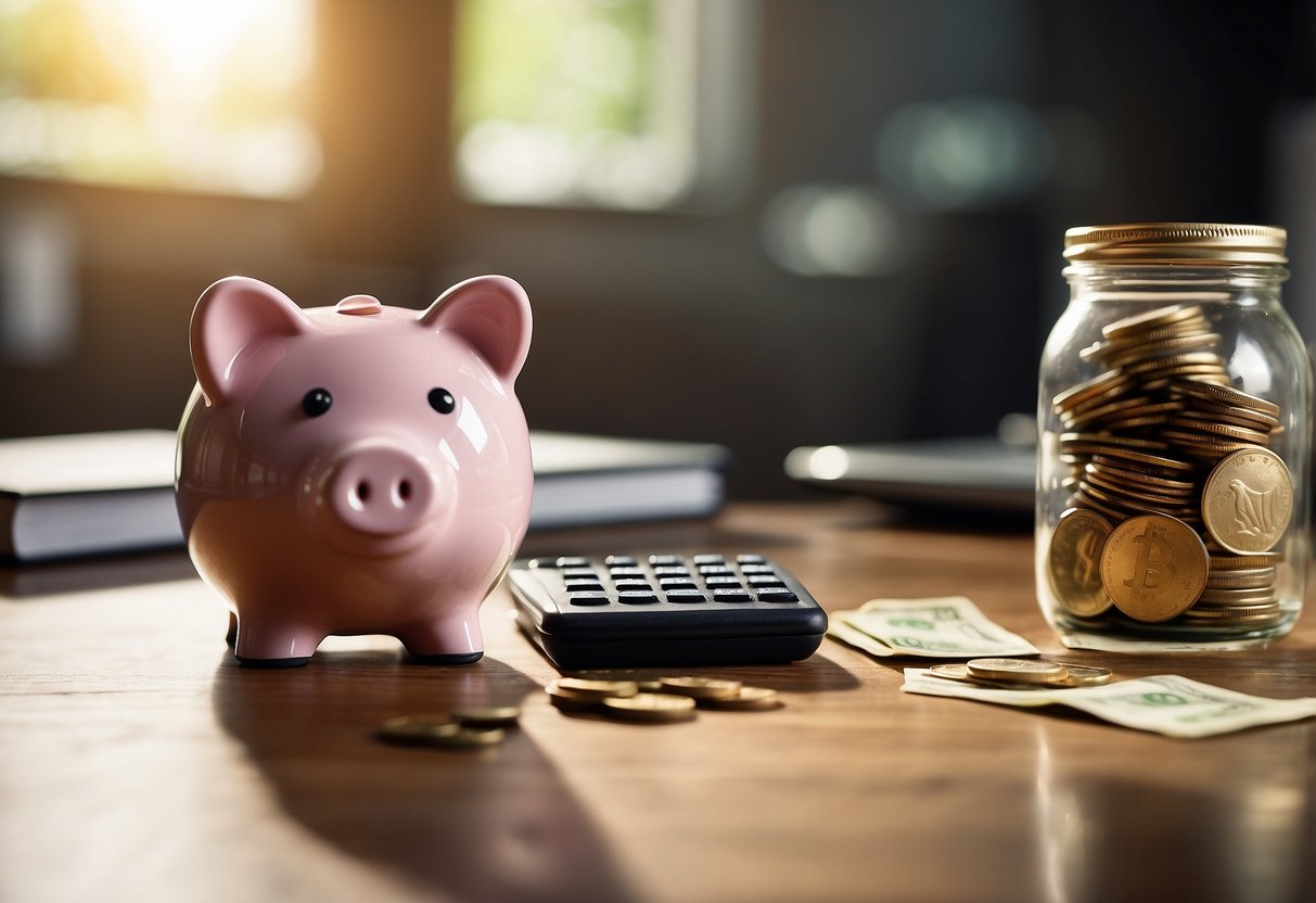 A piggy bank sits on a shelf, next to a stack of coins and a jar of money. A calculator and a notepad with savings goals are nearby