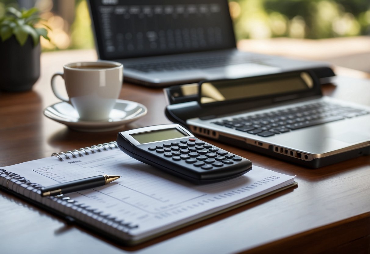 A desk with a laptop, calculator, and notebook. An open spreadsheet showing income and expenses. A calendar with highlighted dates. A cup of coffee and a pen