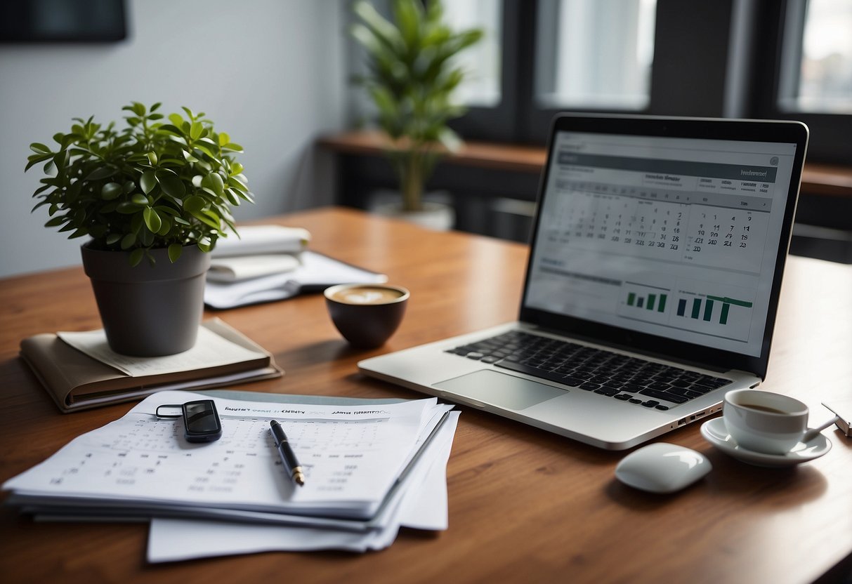 A desk with a laptop, calculator, and papers. A calendar on the wall. A cup of coffee and a plant on the desk. A budget sheet with categories and numbers