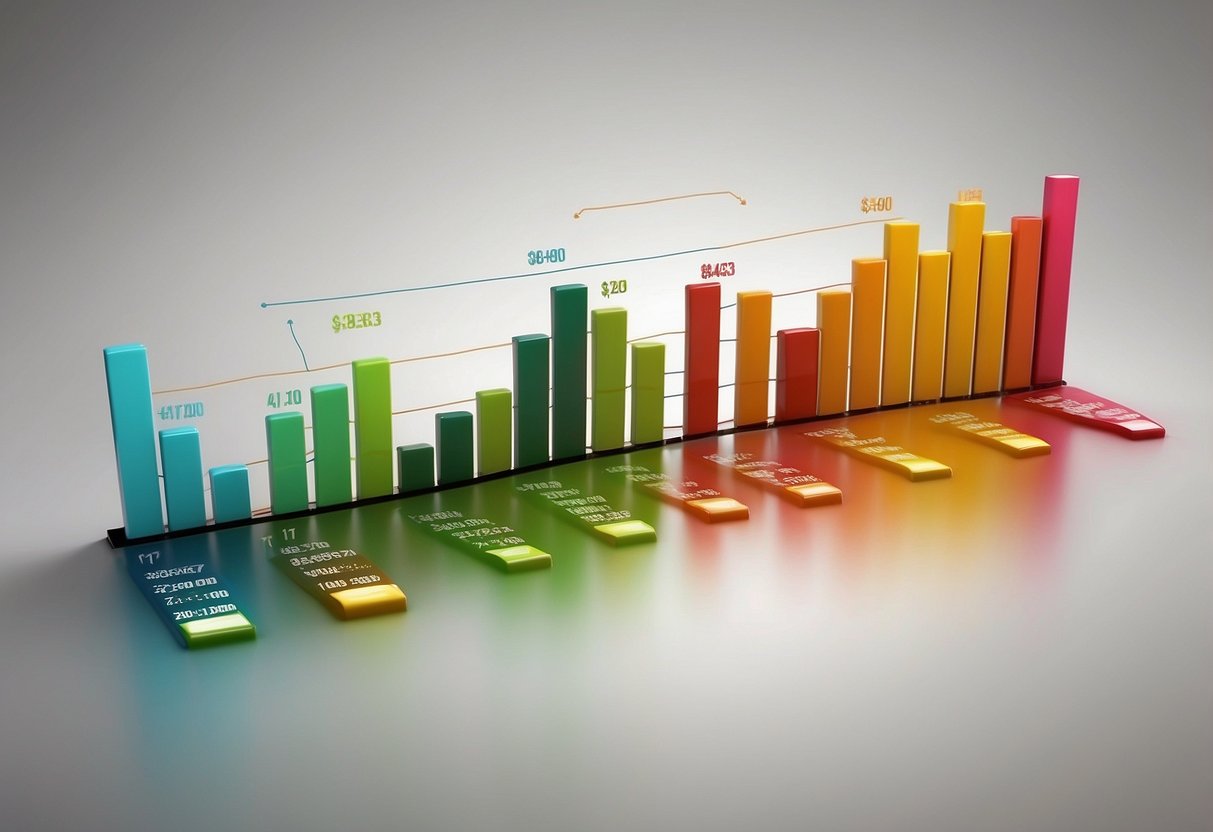 A bar graph showing credit scores increasing over time, with a positive trend line and a clear upward trajectory