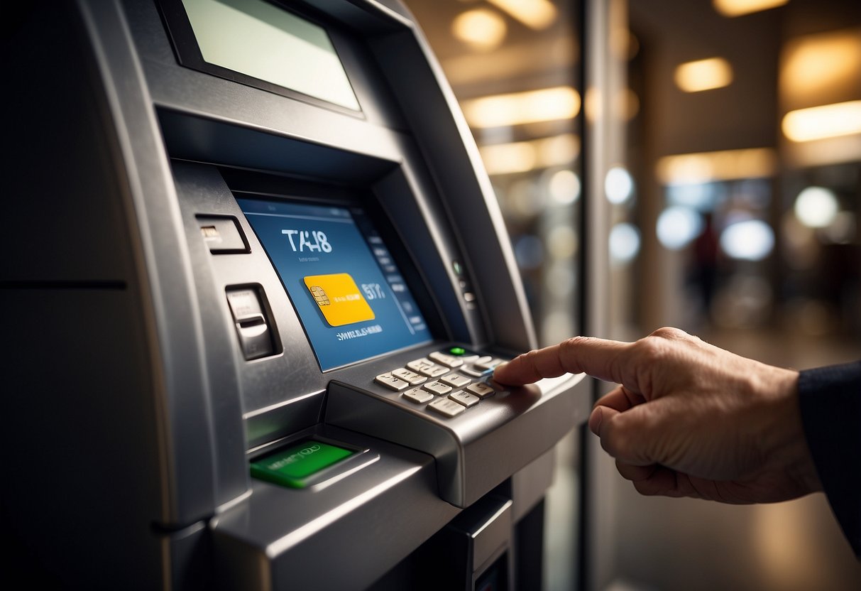 A person swiping a debit card at a secure and well-lit ATM machine, with a shield covering the keypad