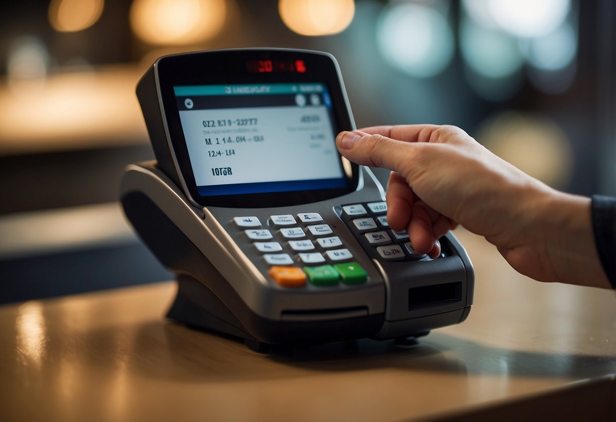 A person swiping their debit card at a secure payment terminal, with a keypad for entering a PIN and a receipt being printed