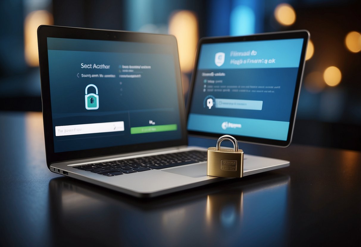 A computer screen displaying a secure login page with a padlock icon, two-factor authentication prompt, and a security question. A smartphone with a fingerprint or face recognition feature for additional security