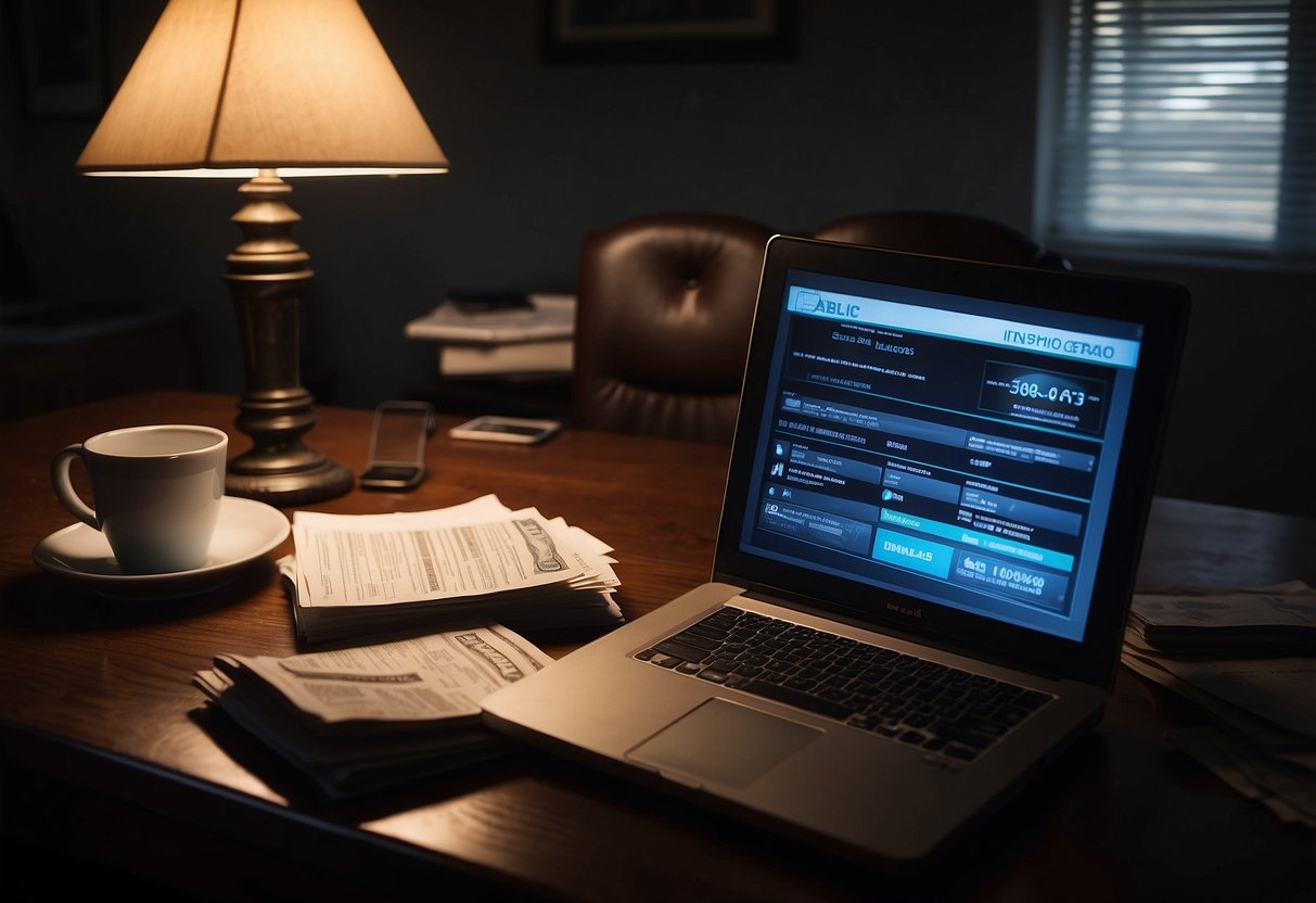 A table with a laptop, phone, and stack of bills. A shadowy figure lurks in the background, while a bright light shines on a "scam alert" poster