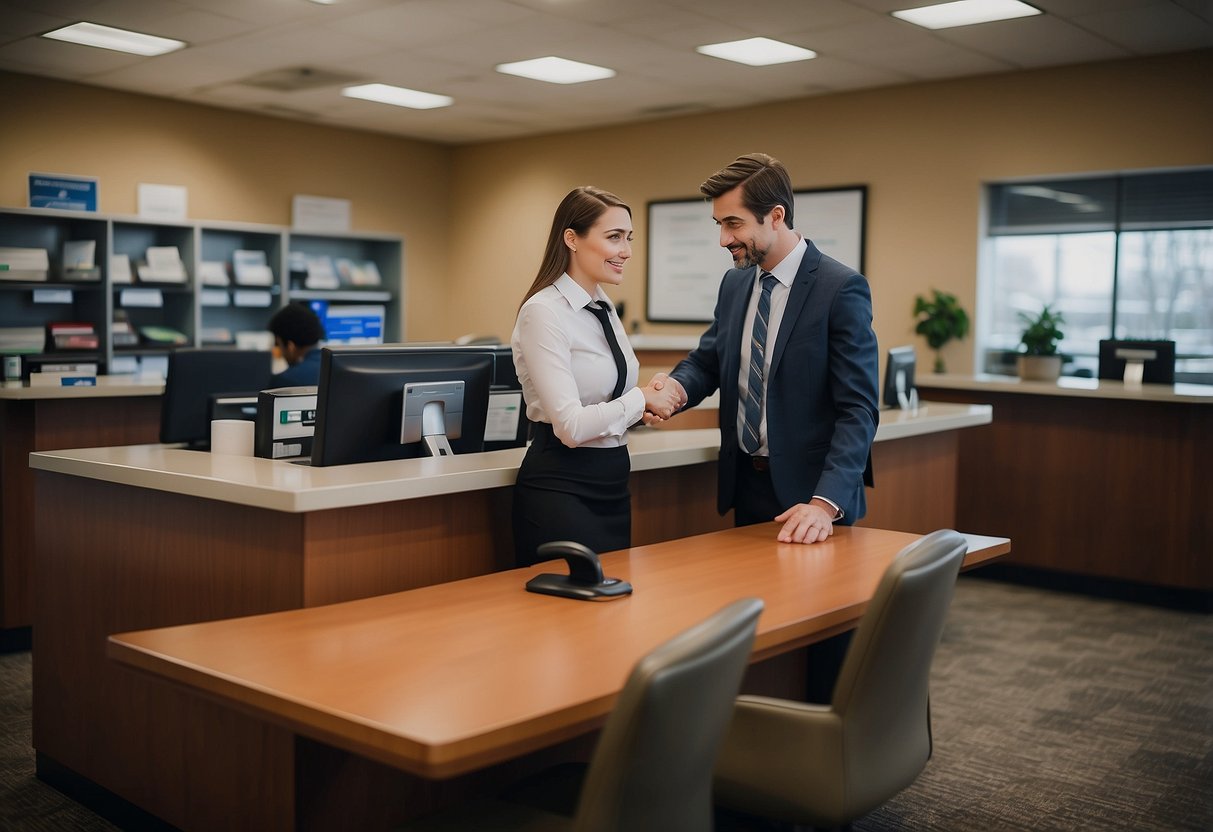 A bank teller assisting a customer in identifying and avoiding common financial scams