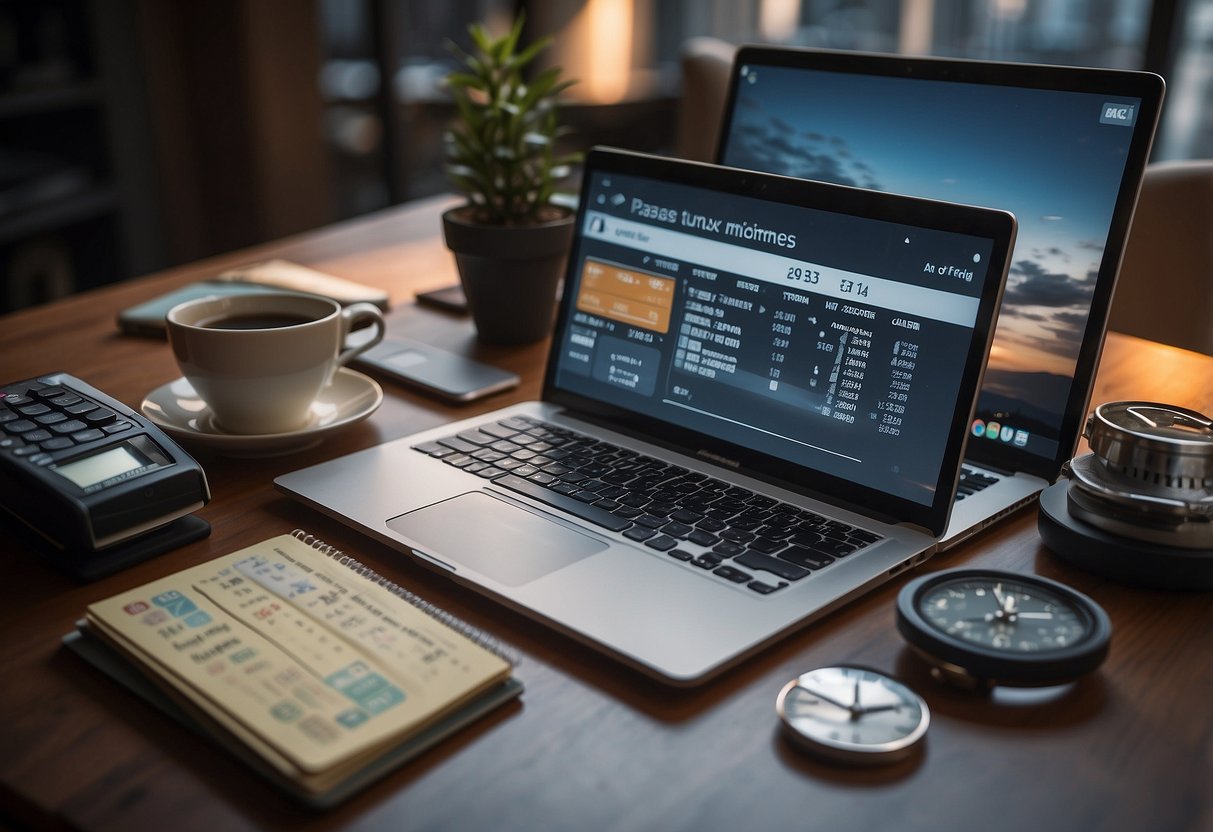 A desk with a laptop, calculator, and notebook. A vision board with images of financial milestones. A clock showing the passage of time