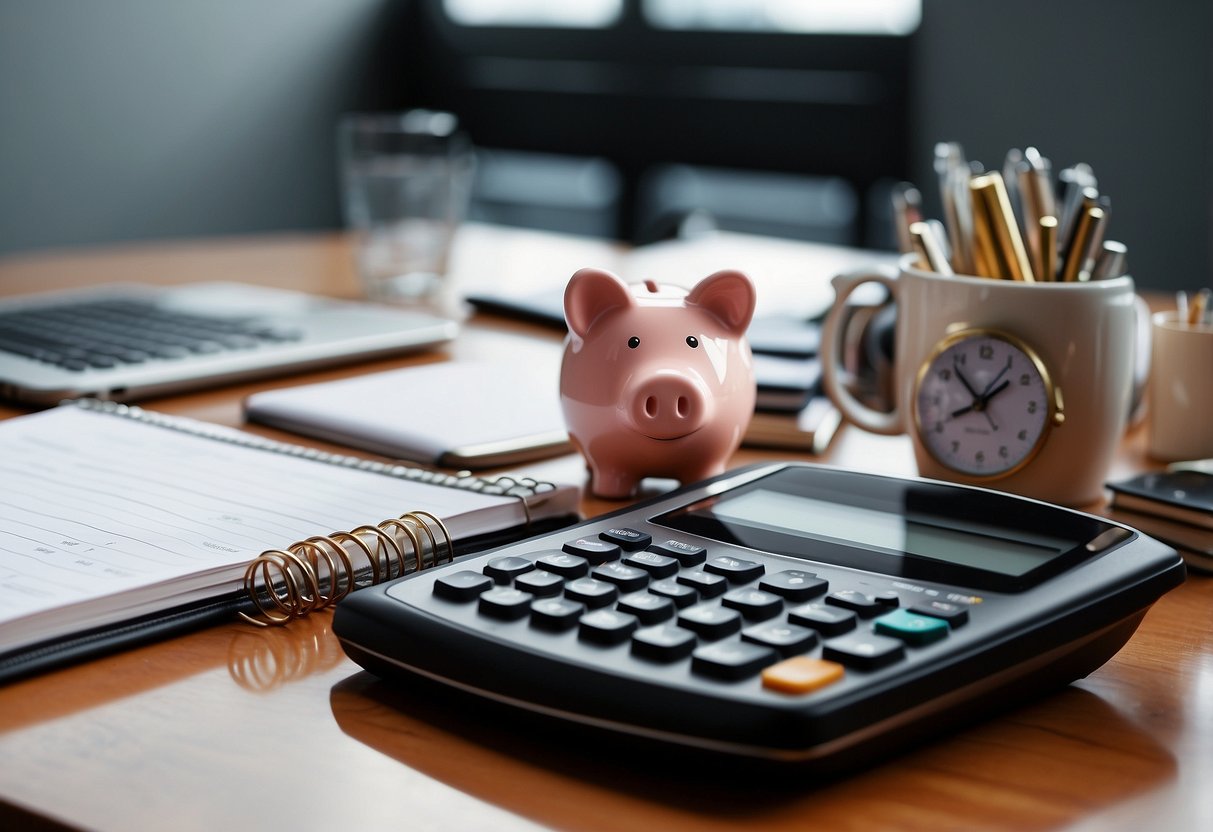 A desk with a laptop, calculator, and notepad. A chart showing income, expenses, and savings goals. A piggy bank and a vision board for financial aspirations