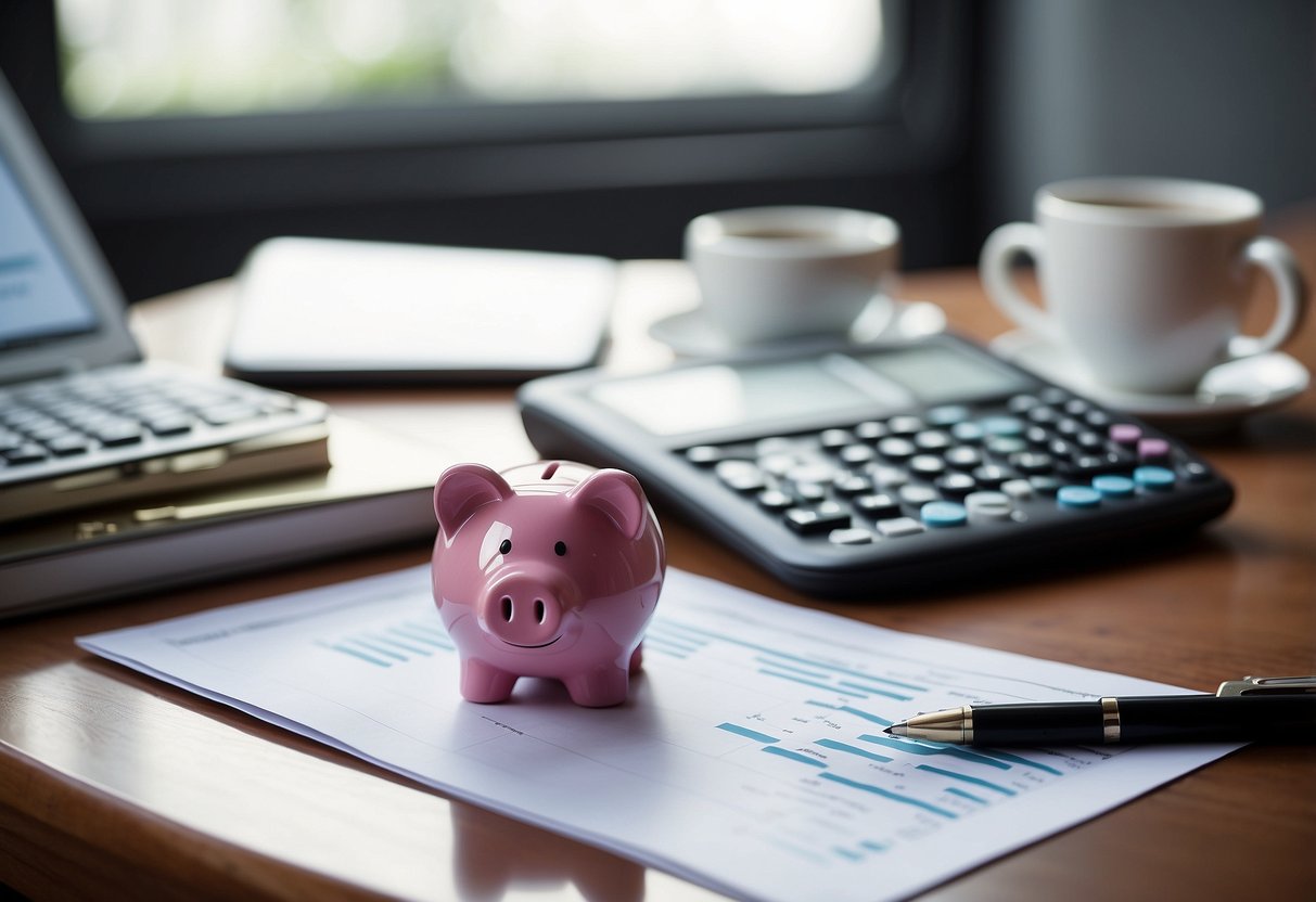 A table with financial documents, a laptop, and a pen. A chart showing progress towards financial goals. A stack of money and a piggy bank