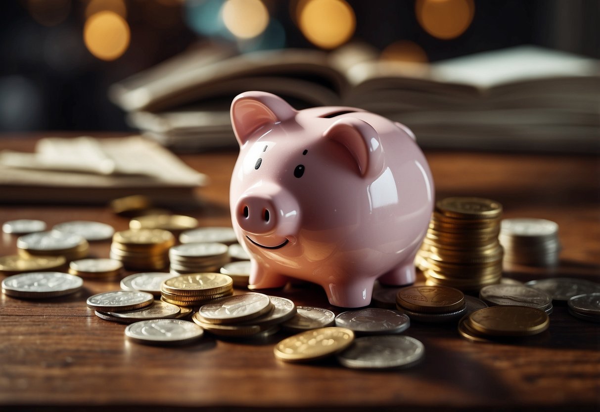 A piggy bank sits on a table, surrounded by coins and bills. A hand drops money into the bank, symbolizing the act of building an emergency fund from scratch