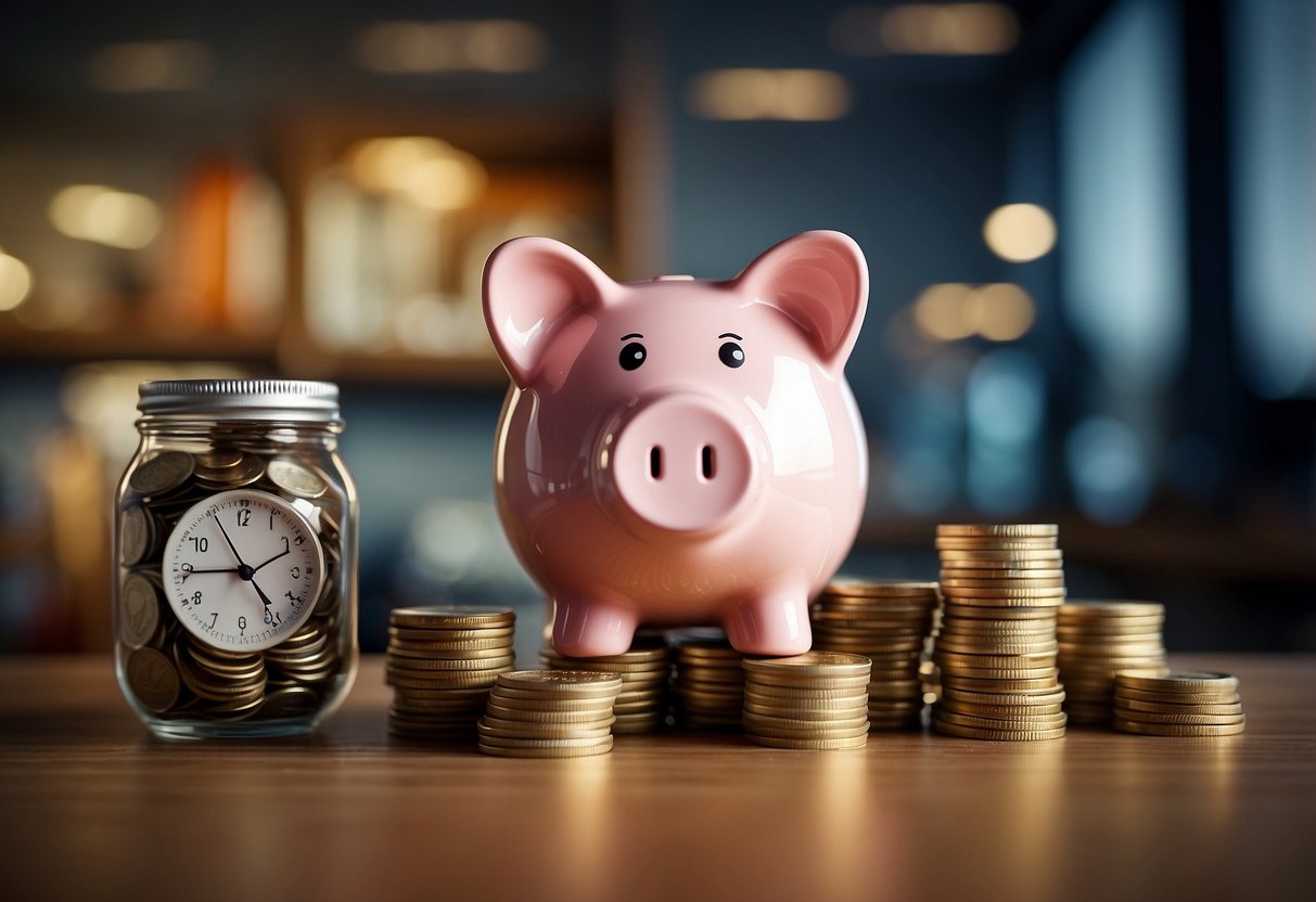 A piggy bank sits on a shelf, surrounded by coins and bills. A chart on the wall shows a growing emergency fund