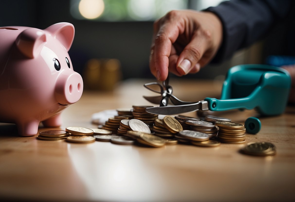 A hand holding a pair of scissors cutting away unnecessary expenses, while a piggy bank is being filled with coins to build an emergency fund from scratch