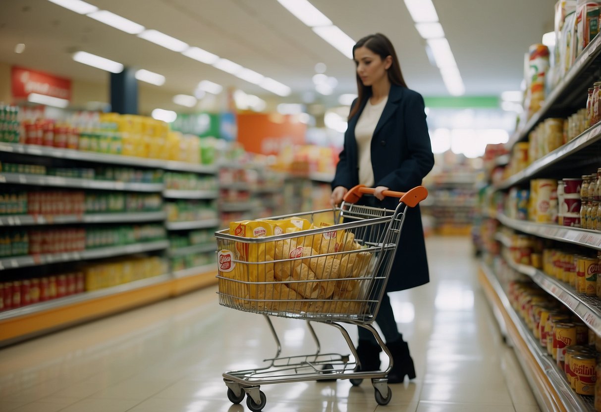 A person with a shopping cart carefully compares prices on different brands of canned goods, while a bright "sale" sign catches their eye in the background