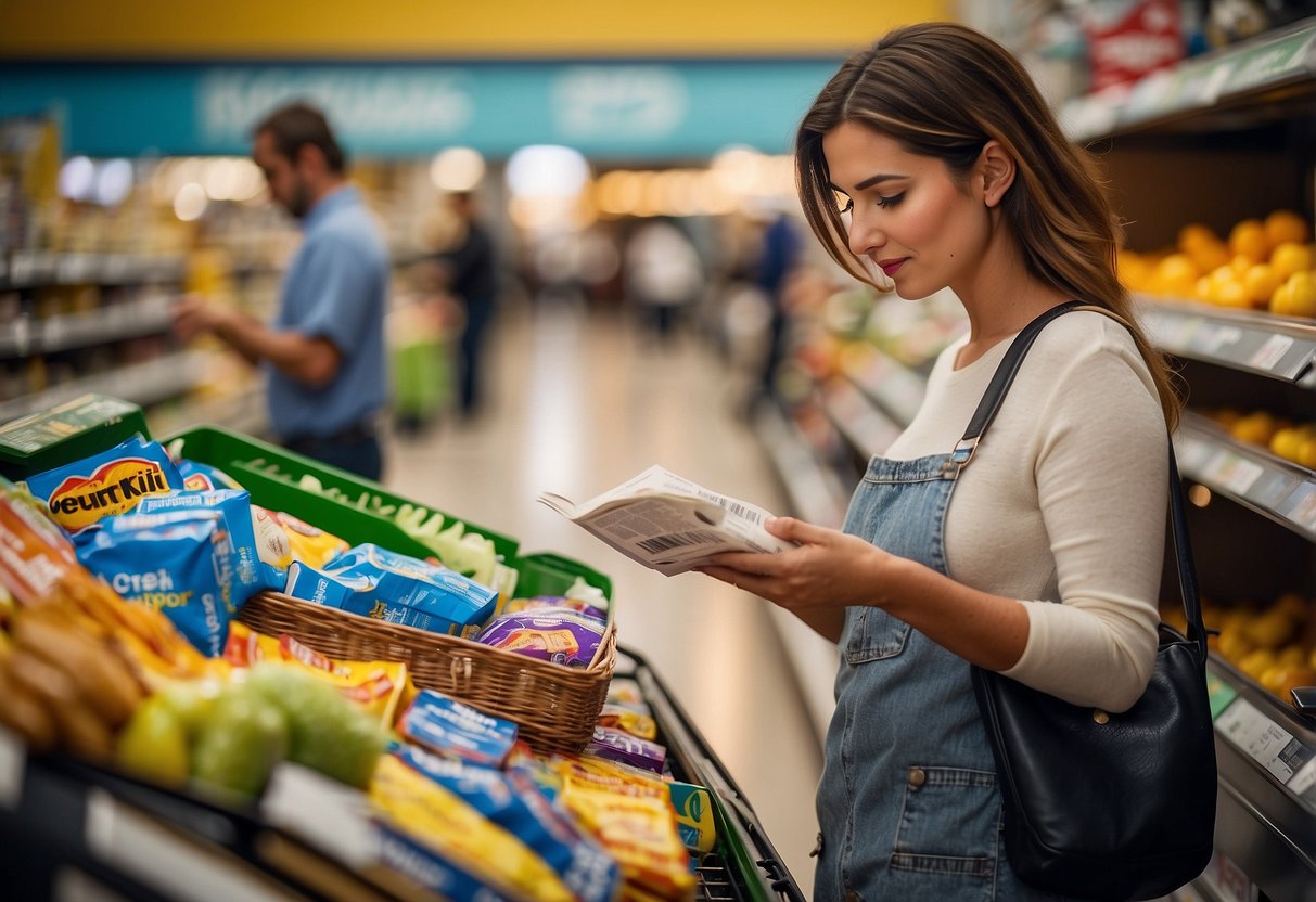 A shopper at a grocery store, carefully selecting items and comparing prices, while holding a stack of coupons and discount flyers