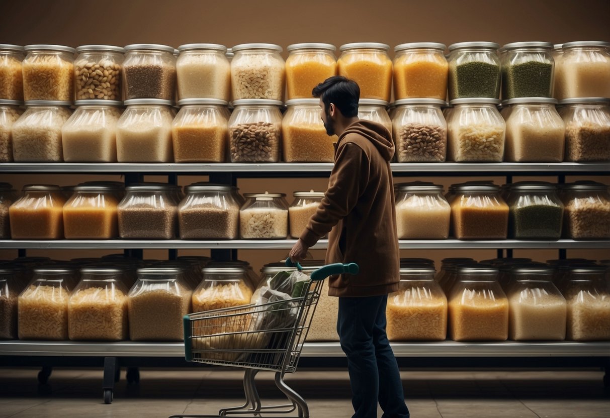 A person fills a cart with bulk items like rice, beans, and pasta. They compare prices and check expiration dates to make smart choices