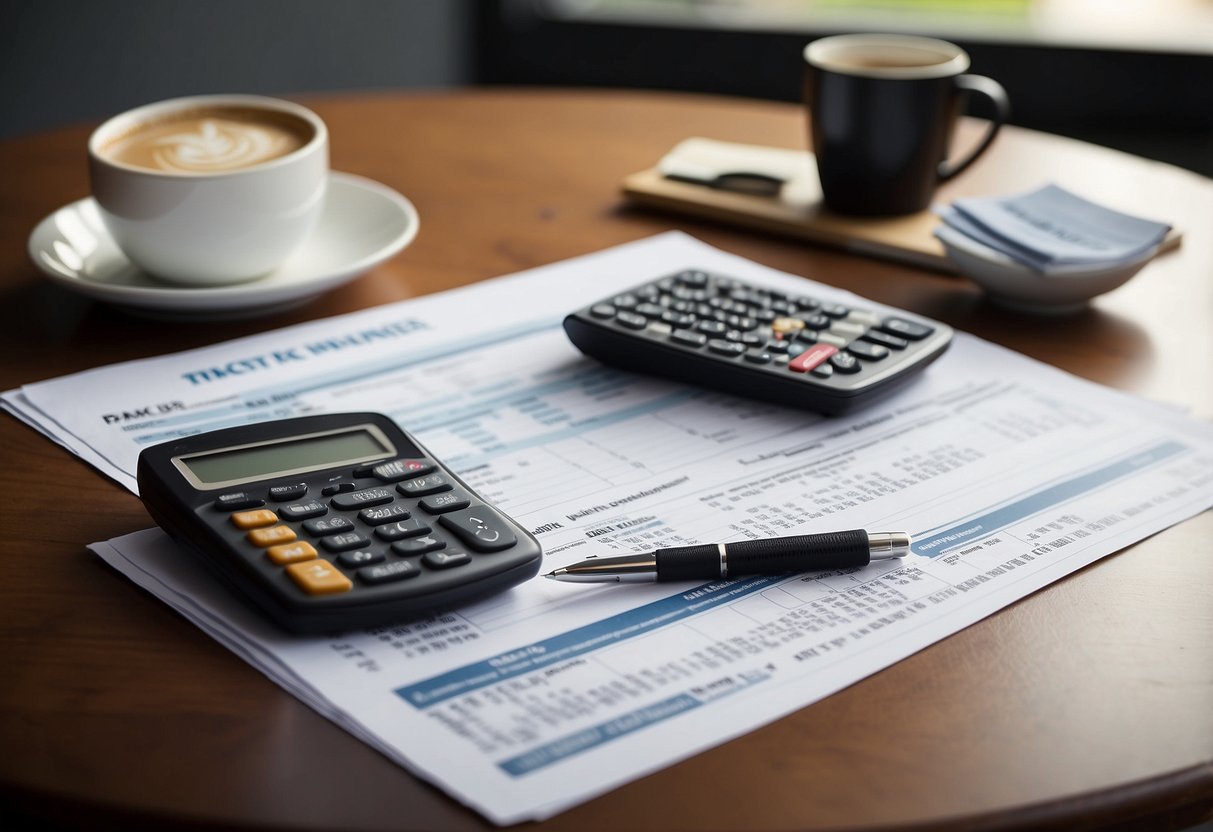 A table with scattered receipts, bills, and a budget planner. A calculator and pen lay nearby, emphasizing the importance of tracking spending