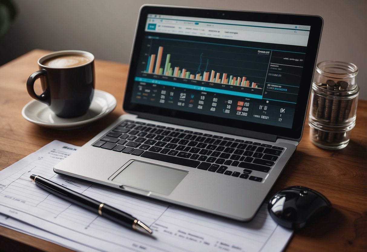 A desk with a laptop, calculator, and financial documents. A pen and notebook for jotting down expenses. Graphs and charts on the wall