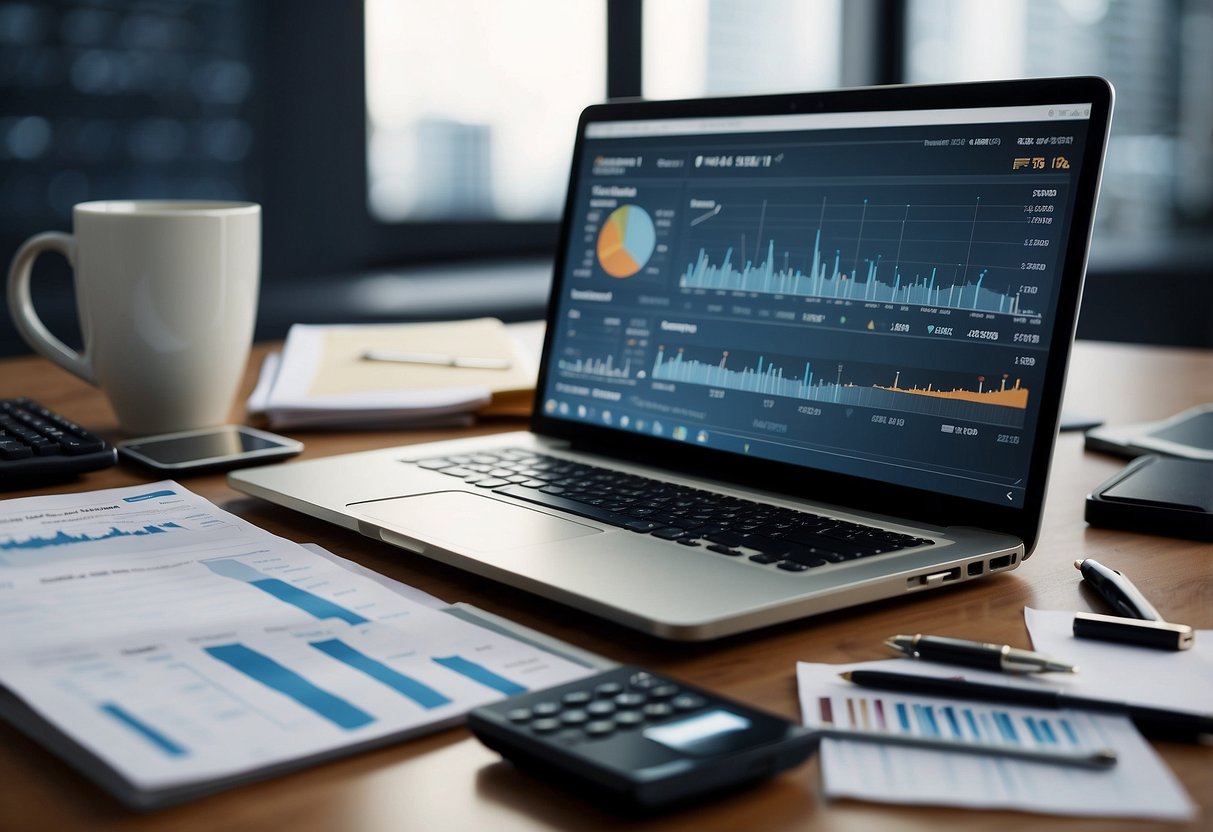 A desk with a laptop, calculator, and receipts. Graphs and charts showing spending trends on the computer screen. A pen and notebook for tracking expenses