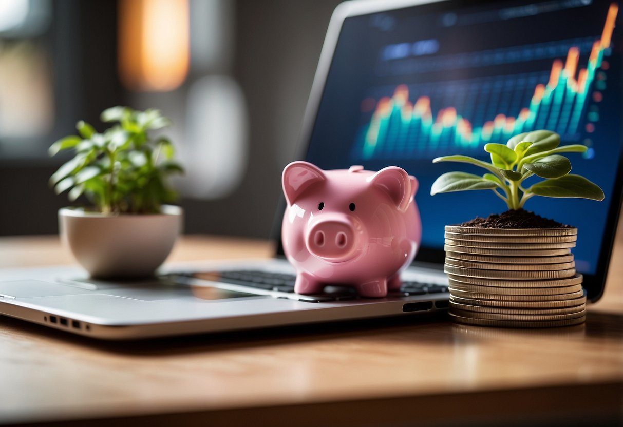 A stack of coins, a small plant growing in a pot, and a piggy bank on a desk. A laptop open to a financial website with a graph showing growth