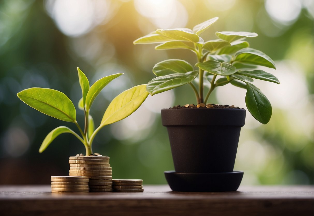 A stack of coins grows beside a potted plant. A small investment grows into a larger tree, symbolizing the potential for growth with little money