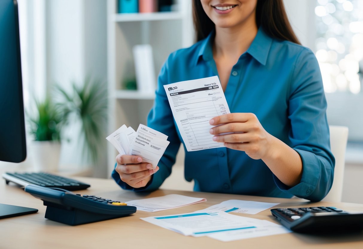 A person organizing receipts, reviewing tax forms, and researching deductions at a desk with a calculator and computer