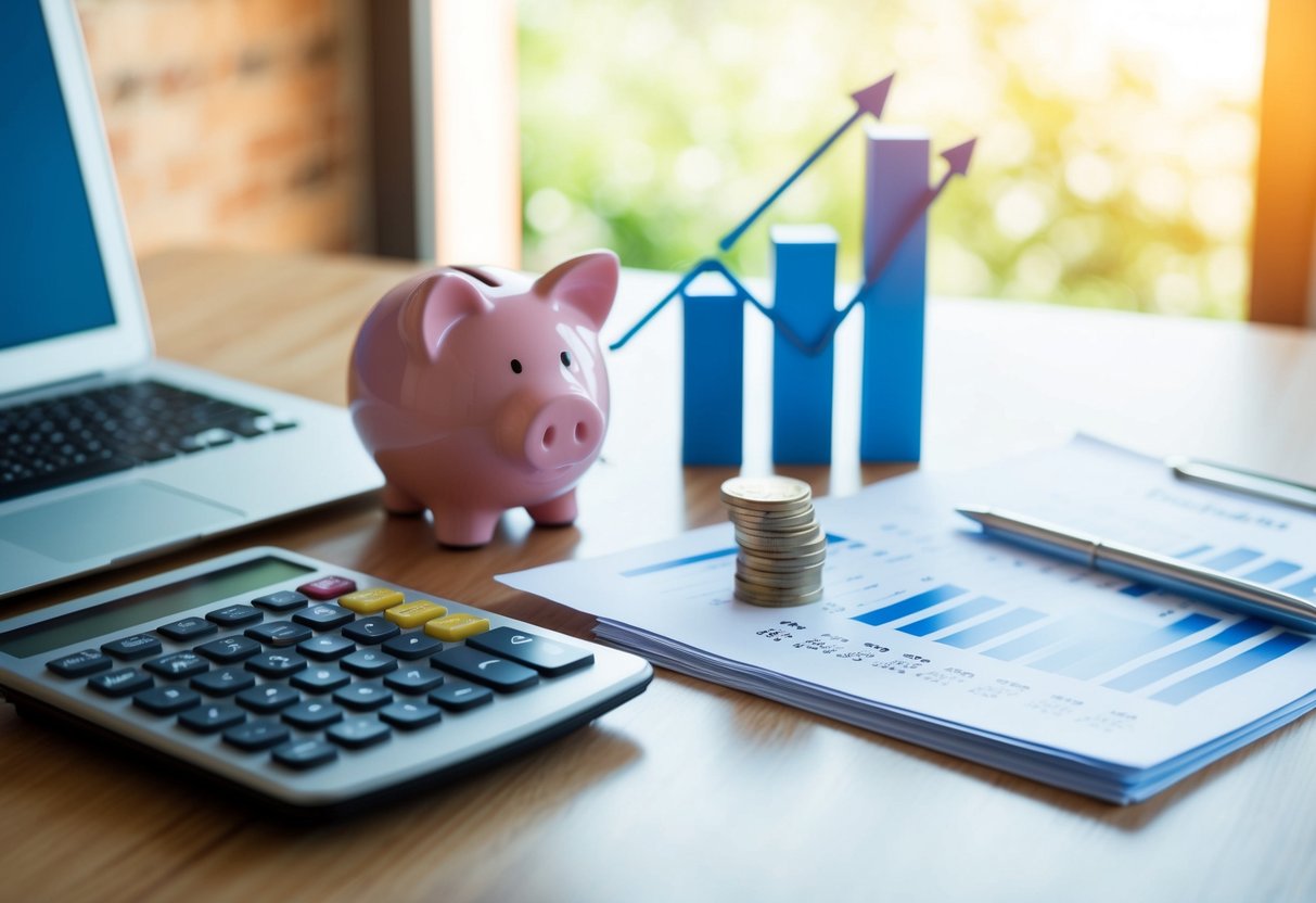 A desk with a laptop, calculator, and financial documents. A piggy bank and a stack of coins symbolize savings. A chart shows interest rates