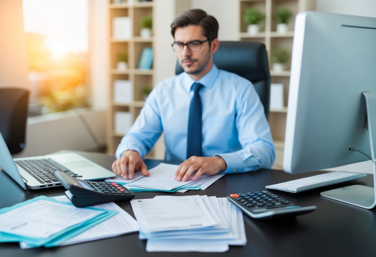 A person sits at a desk surrounded by paperwork, calculator, and computer. They are researching tax deductions and organizing receipts