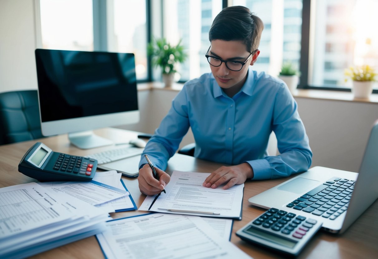 A person sitting at a desk surrounded by paperwork, a calculator, and a computer. They are carefully reviewing tax forms and making notes on a notepad