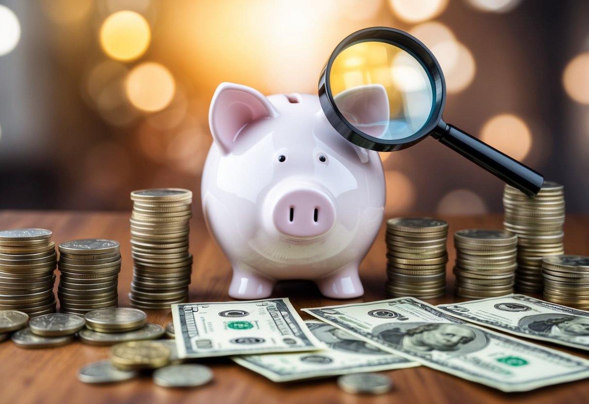 A piggy bank surrounded by stacks of coins and dollar bills, with a magnifying glass highlighting the concept of maximizing interest in high-interest savings accounts