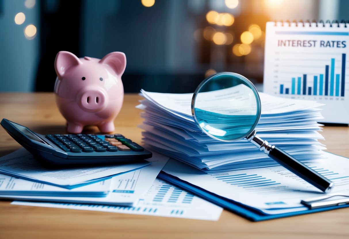 A stack of financial documents and a magnifying glass next to a calculator on a desk, with a piggy bank and a chart showing interest rates in the background