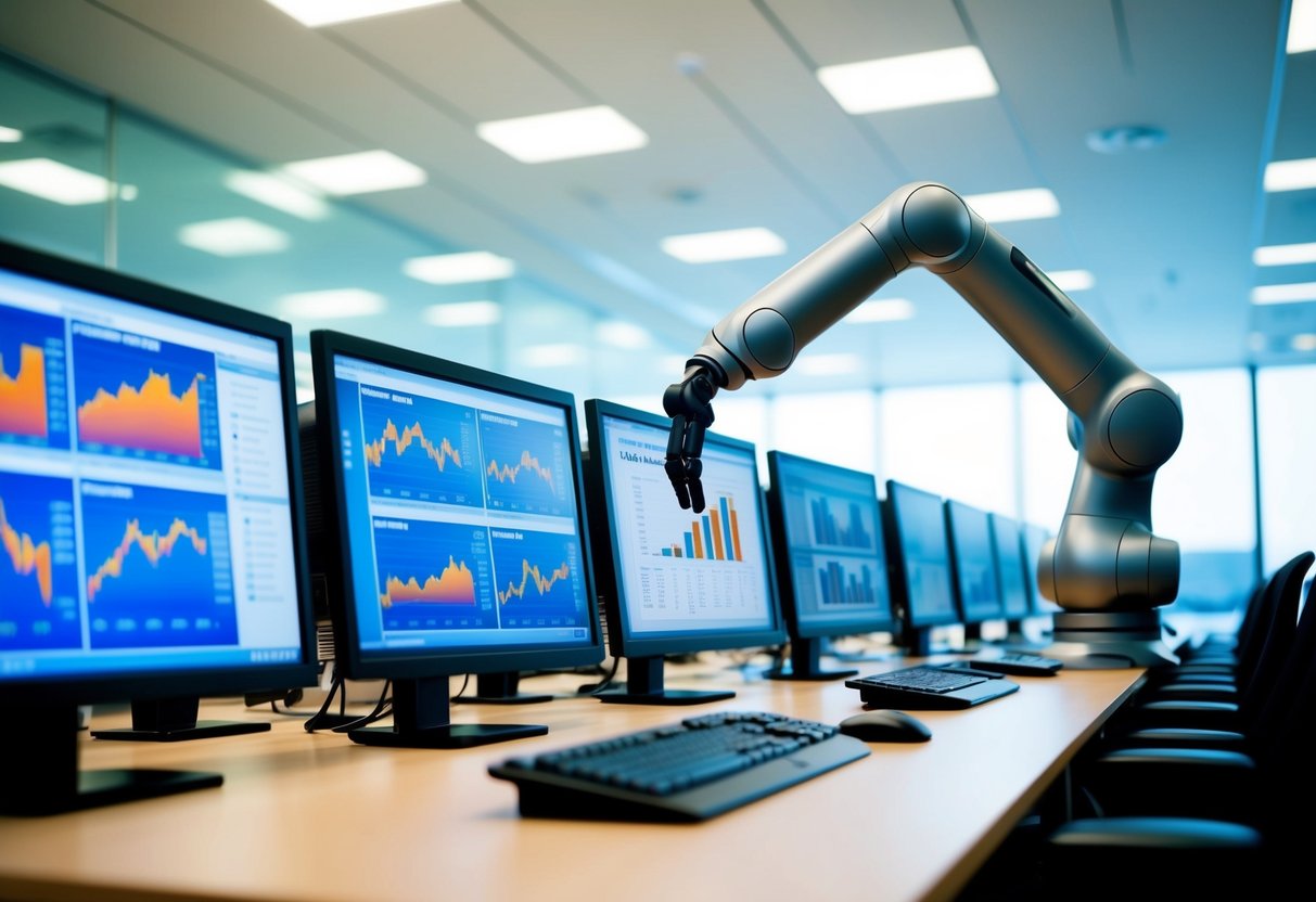 A sleek, modern office with rows of computer screens displaying various investment portfolios. A robotic arm reaches out to adjust a chart on a digital display