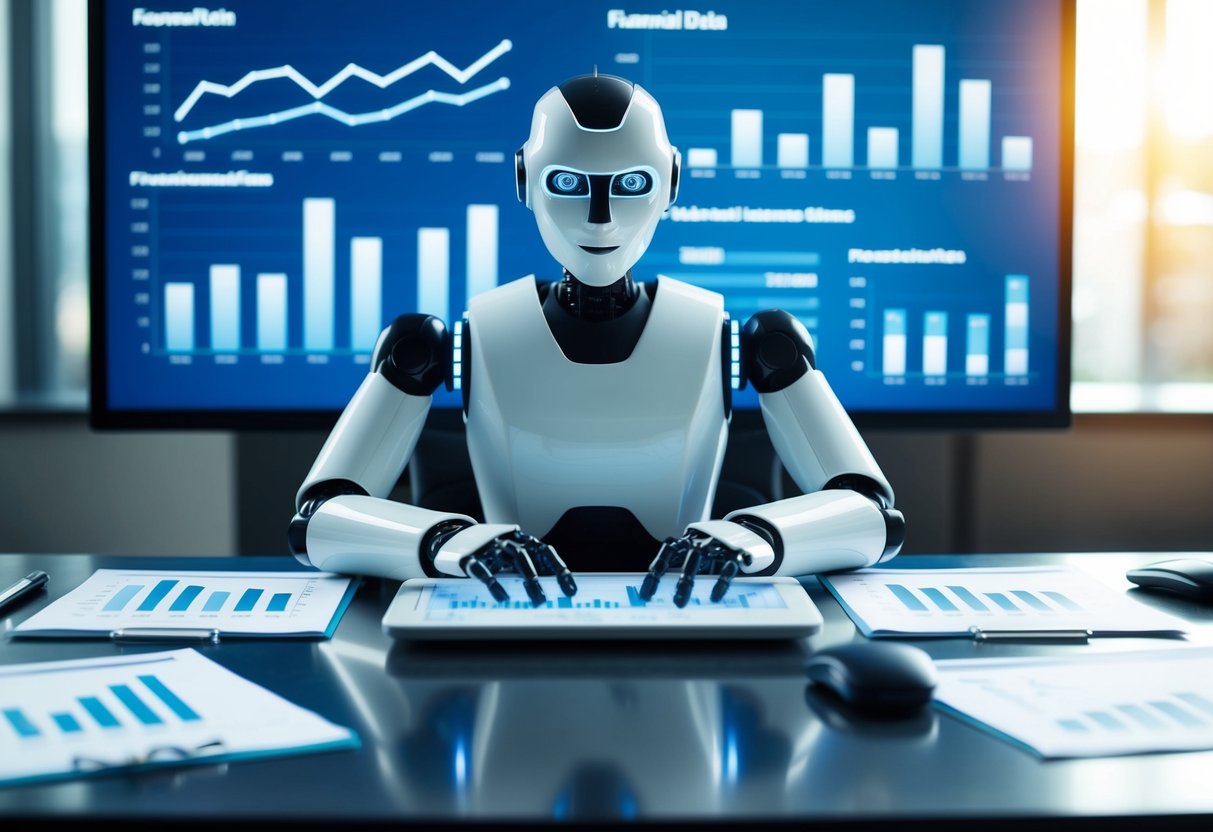 A sleek, futuristic robot sits at a desk, surrounded by charts and graphs. It is analyzing financial data and making investment recommendations