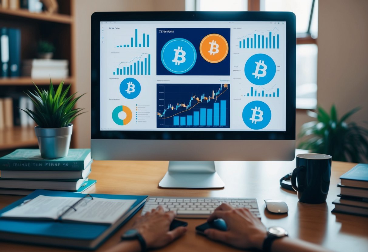 A computer screen displaying various cryptocurrency symbols and charts, surrounded by books on finance and digital assets