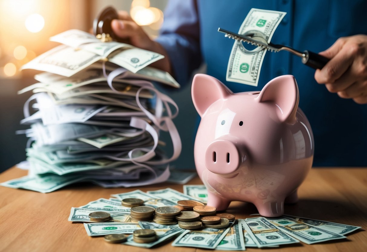 A piggy bank being filled with coins and bills, while a pile of debt papers is being shredded in the background