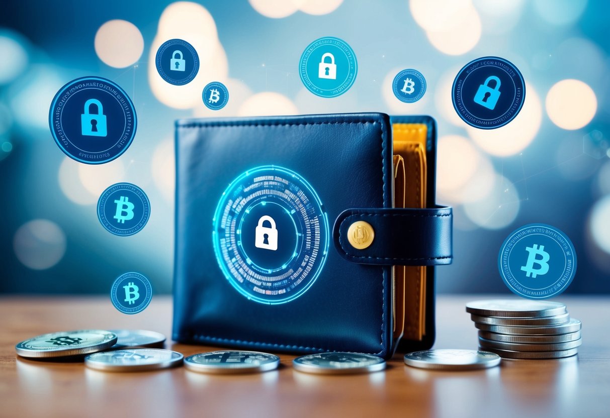 A digital wallet surrounded by security symbols and locks, with various cryptocurrencies floating around it