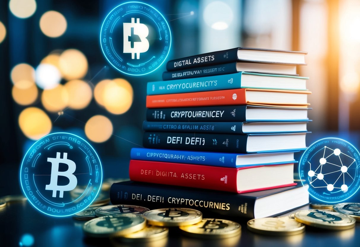 A stack of books on DeFi and cryptocurrencies, surrounded by digital assets and blockchain symbols