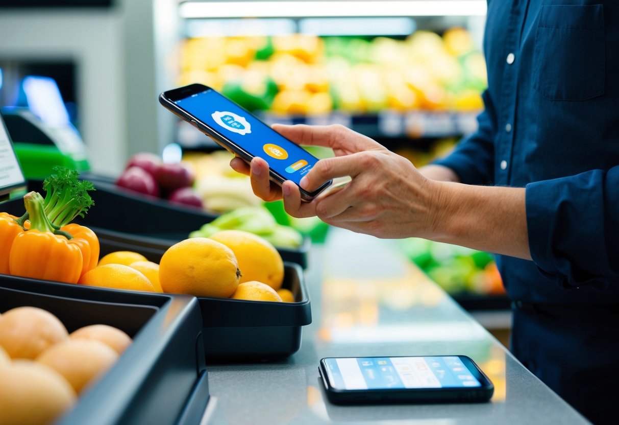 A person swiping a smartphone to pay for groceries with a cryptocurrency app at a checkout counter