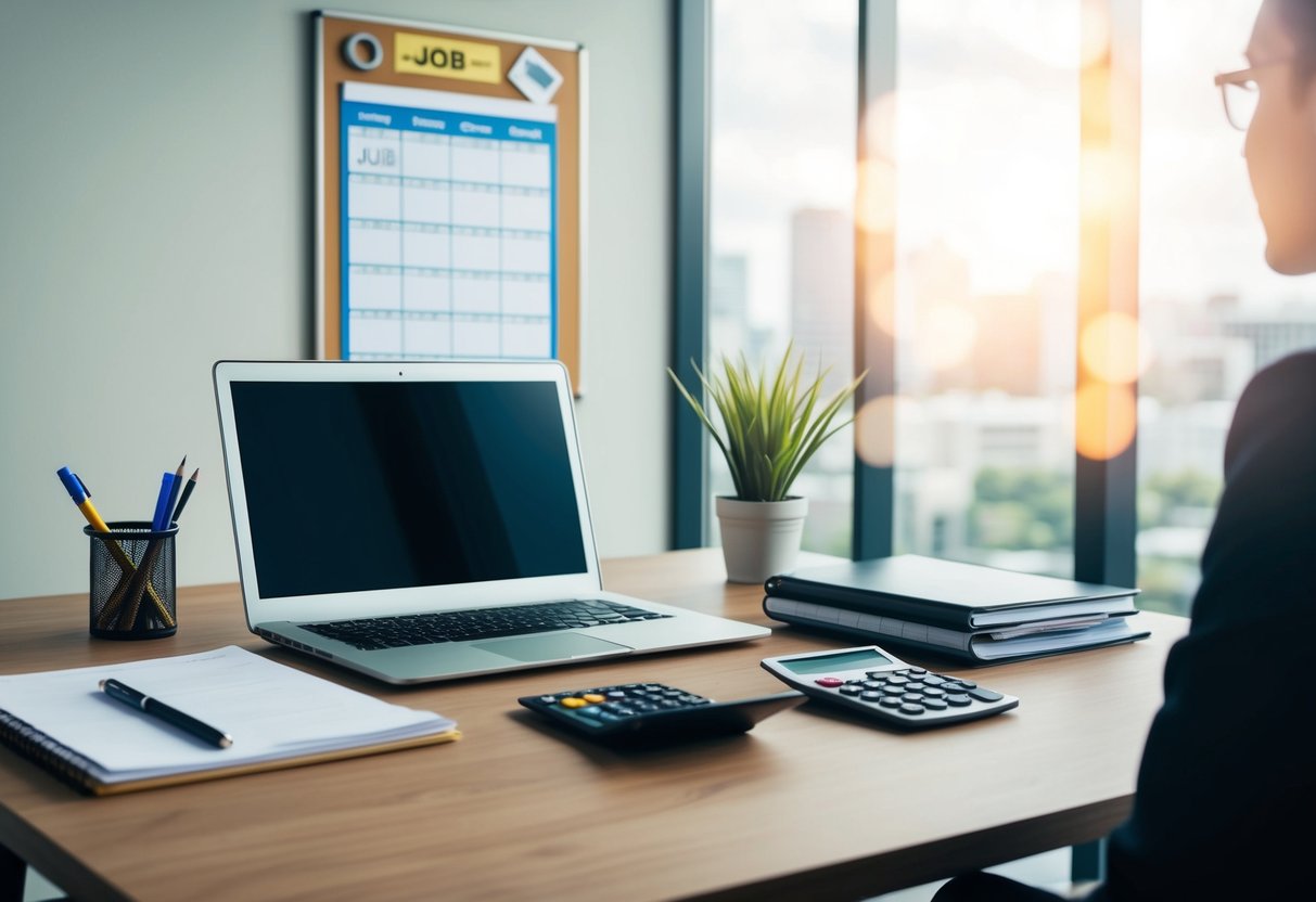 A desk with a laptop, notebook, and pen. A bulletin board with job listings and a calendar. A stack of cash and a calculator