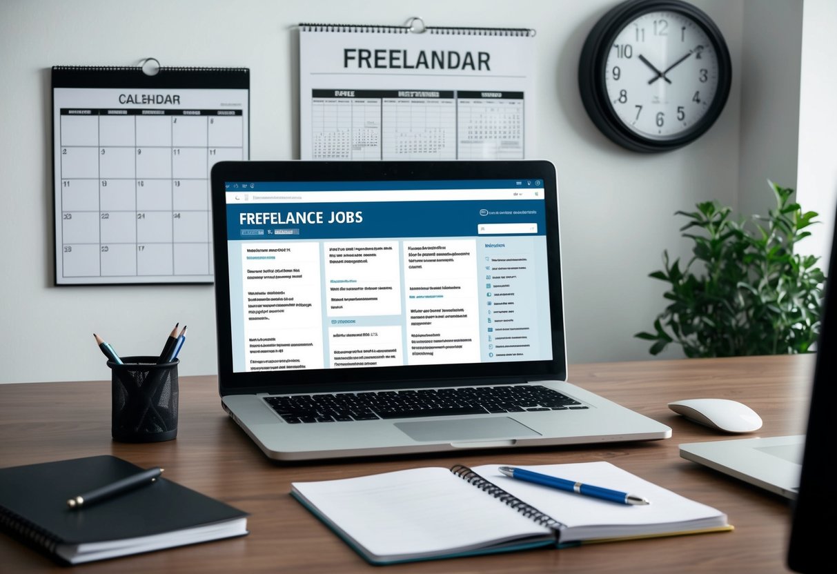 A desk with a laptop, notebook, and pen. A calendar and clock on the wall. Various freelance job listings on the computer screen