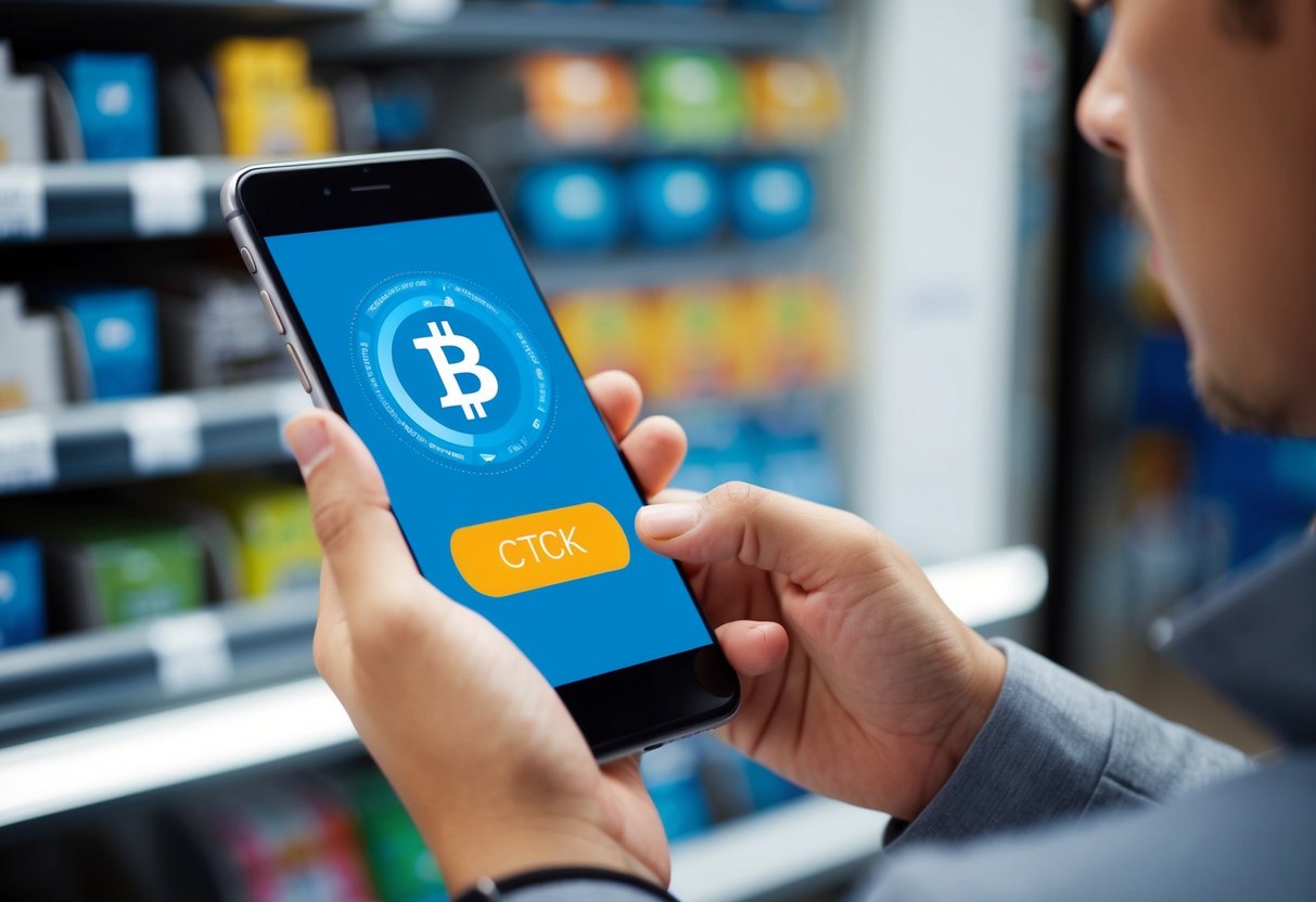 A person using a smartphone to make a purchase at a store, with a digital currency symbol displayed on the screen