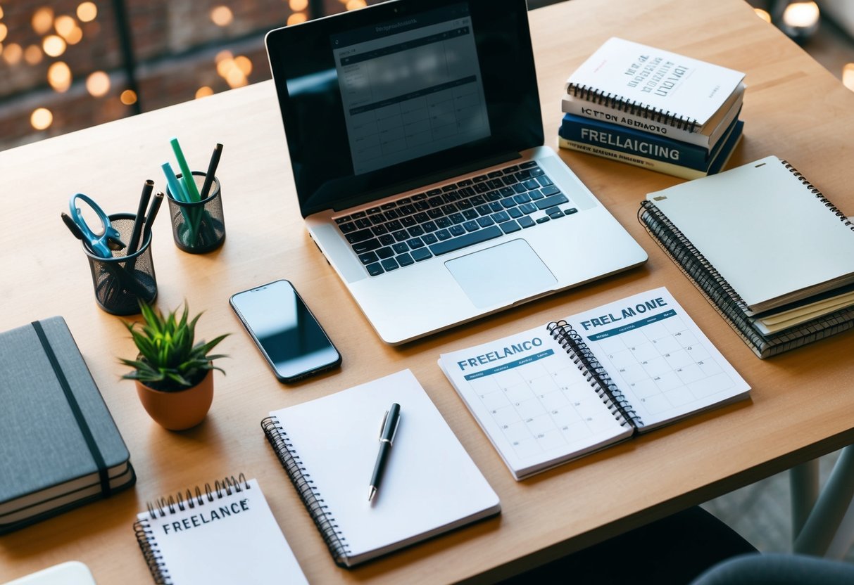 A laptop with a well-organized desk, surrounded by various freelance gig materials such as notebooks, pens, and a calendar. A stack of books on freelancing sits nearby