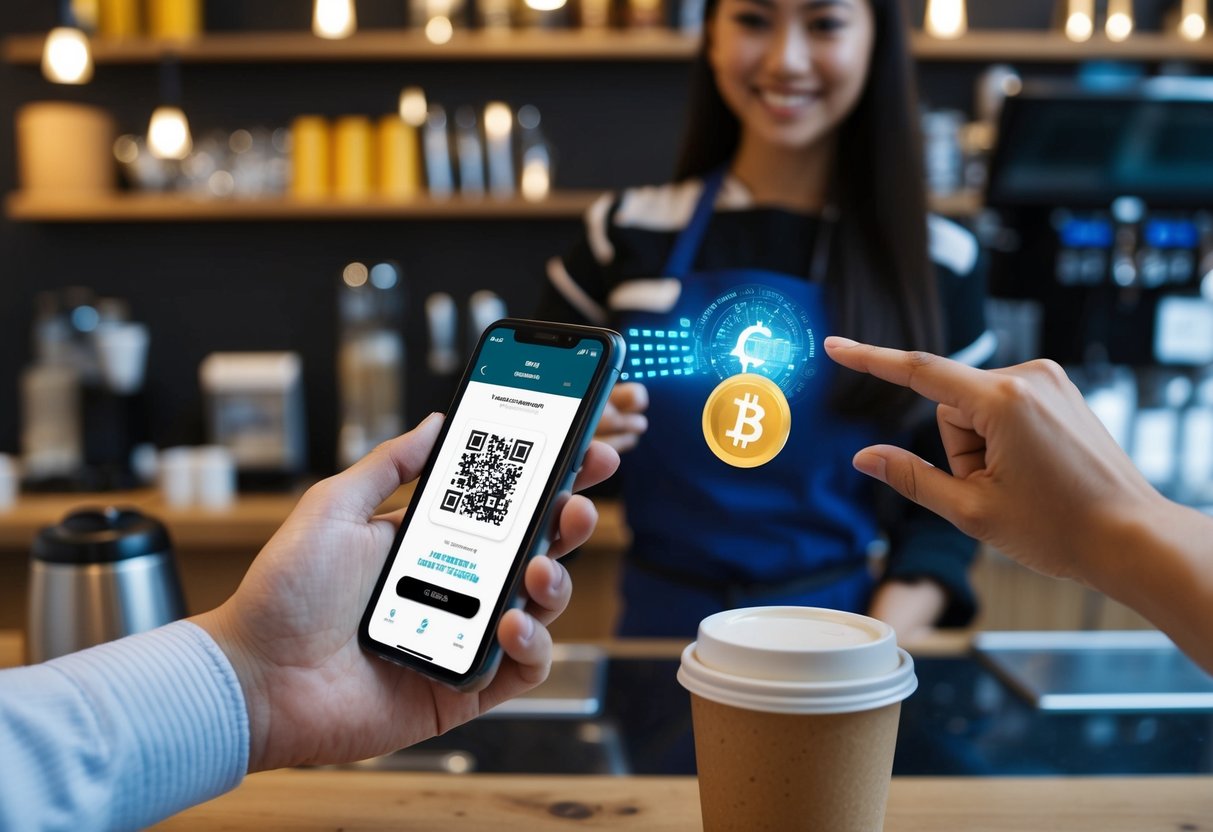 A person holding a smartphone scans a QR code to make a purchase at a coffee shop using cryptocurrency. The cashier smiles as the transaction is completed